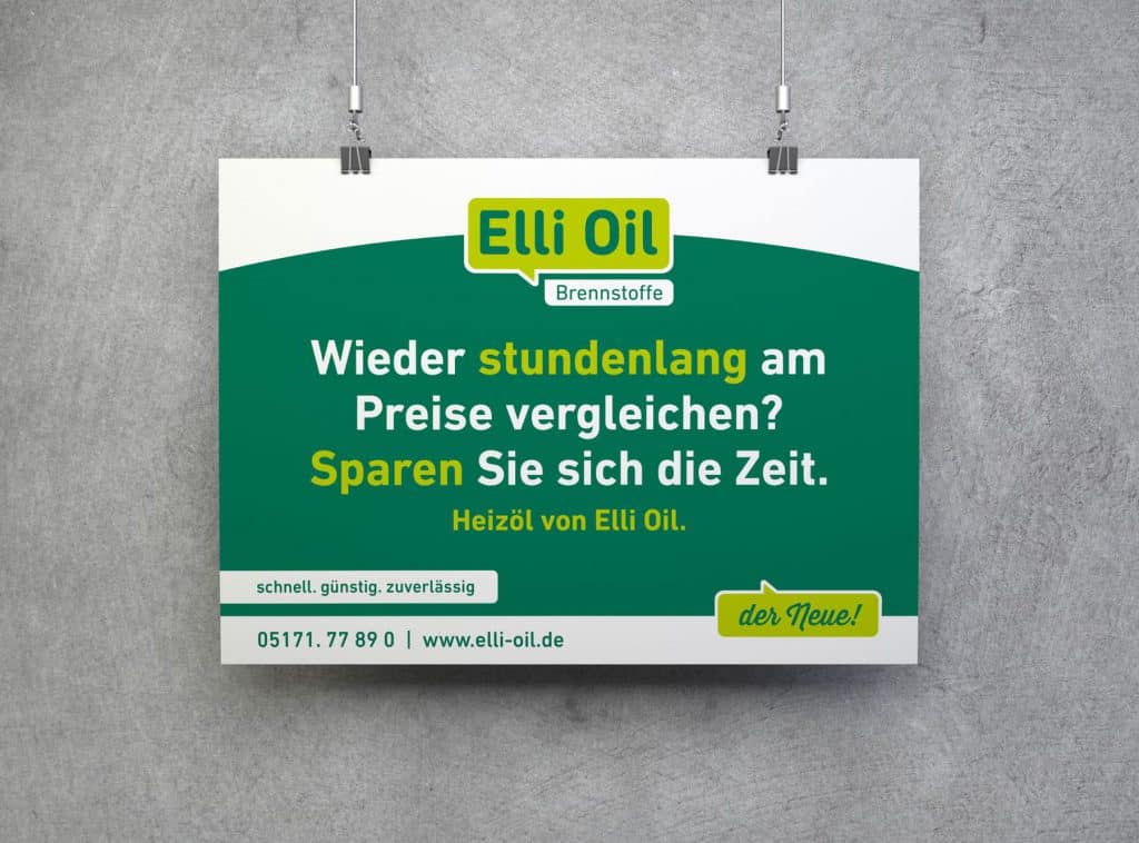 Werbeschild von ELLI Oil als professionelle Außenwerbung am Standort.